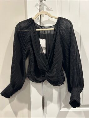 Zara Black Pleated Twist-Front Blouse with Bishop Sleeves